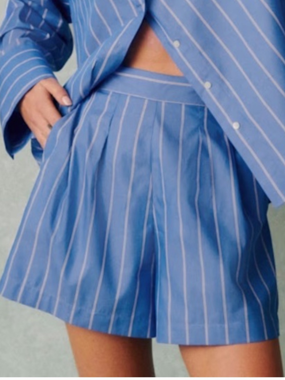 Sezane Blue Pinstripe High Waist Shorts
